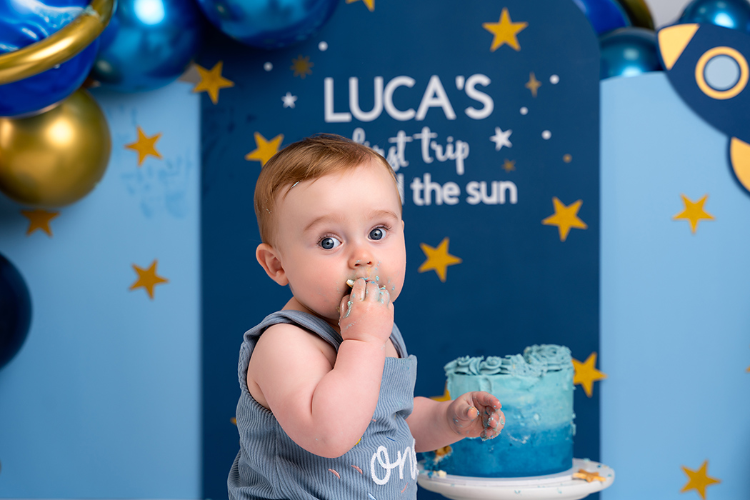 first trip around the sun space theme cake smash