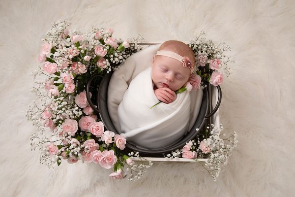 fresh flowers at newborn photo shoot in Leeds studio