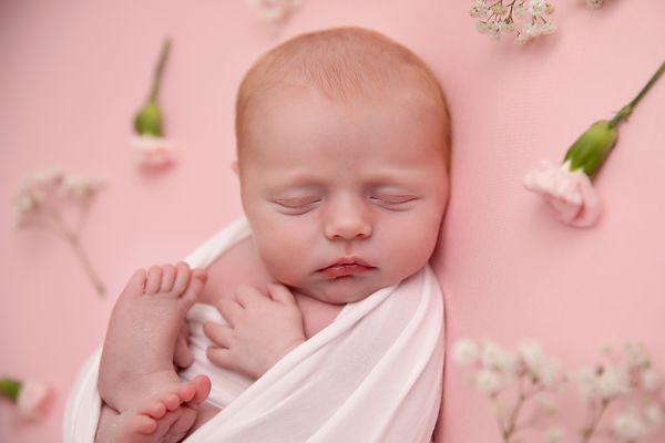 fresh flowers at newborn photo shoot in Leeds studio